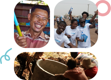 A collage of three images. First, a man smiles while holding a prototype of a latrine pit gauge. Second, a group of people wearing t-shirts branded with the Sama Sama latrine business logo smile on the street. Third, a group of people are positioning a concrete ring in a latrine pit.