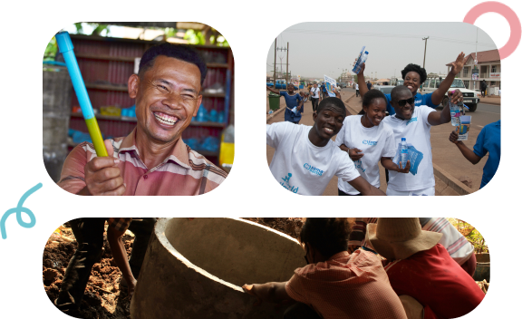 A collage of three images. First, a man smiles while holding a prototype of a latrine pit gauge. Second, a group of people wearing t-shirts branded with the Sama Sama latrine business logo smile on the street. Third, a group of people are positioning a concrete ring in a latrine pit.