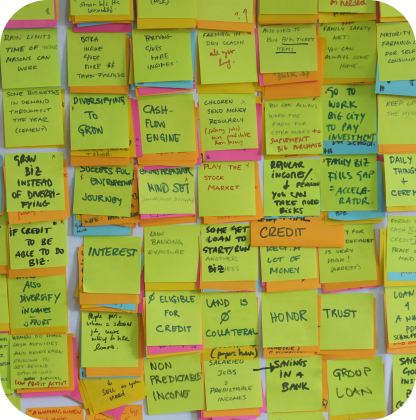 A wall of sticky notes organized into small piles.